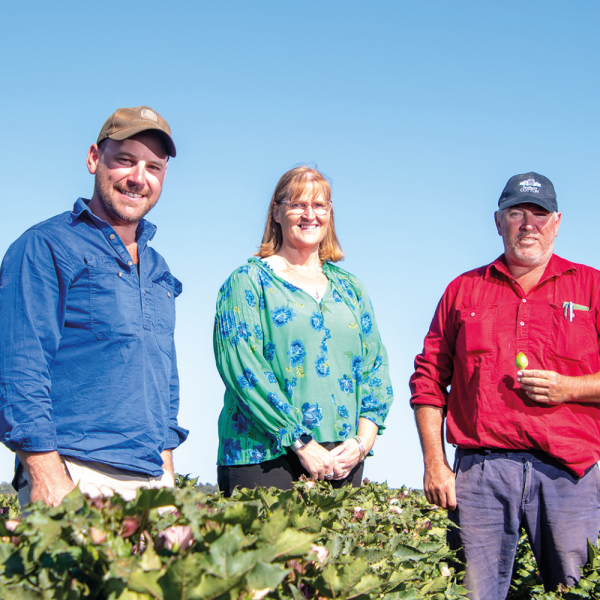 Coleambally cotton grower Chris Gardiner, Coleambally aged-care facility manager Karen Hodgson, and Coleambally Demonstration Farm Vice President Danny Graham. A CRDC Grassroots Grant is helping ensure the farm’s productivity into the future.