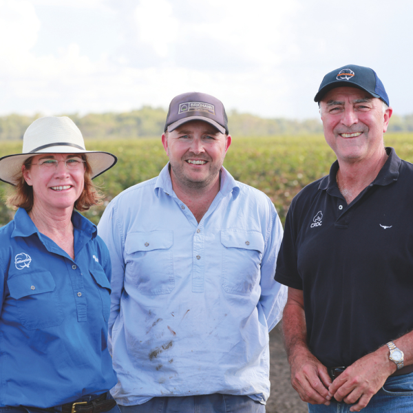 CRDC Board Chairman Richard Haire (right) has strong ties to the cotton industry at all levels. He is  pictured with farm manager Ben Kirkby and CottonInfo Program Manager Janelle Montgomery at  “Norwood” Moree last year, where they discussed disease and irrigation management.