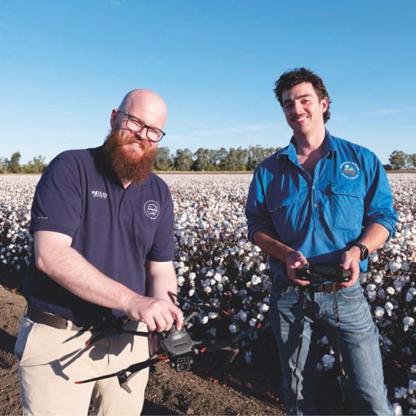 Newly appointed CottonInfo Technical Lead for digital agriculture/agtech Quentin Feery-Lawrence with early career researcher Harry Gaston at Emerald. Quentin and Harry are both working on the Future Cotton project.