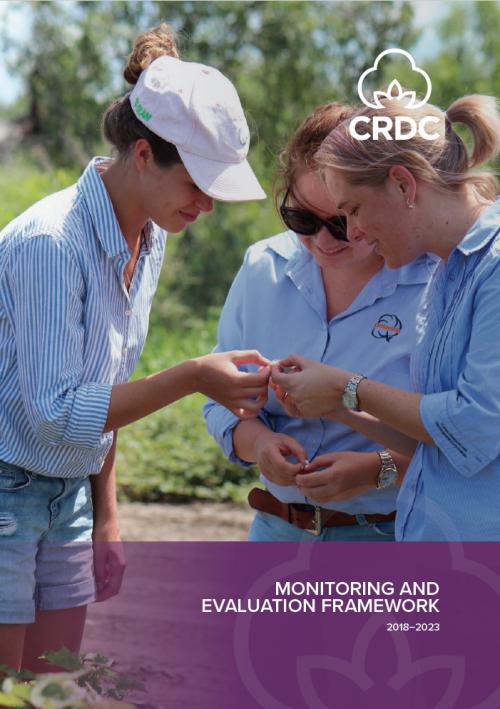Cover of CRDC's Monitoring and Evaluation Framework publication. Three women standing in a paddock inspecting a cotton boll. 