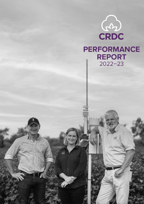 Three people standing in a cotton field. Cover of the CRDC Performance Report.