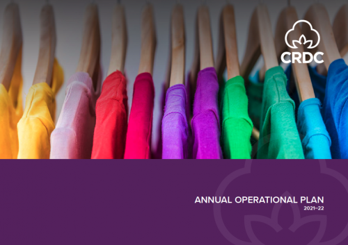 CRDC's Annual Operational Plan. A row of colourful cotton t-shirts hanging on a rack. 
