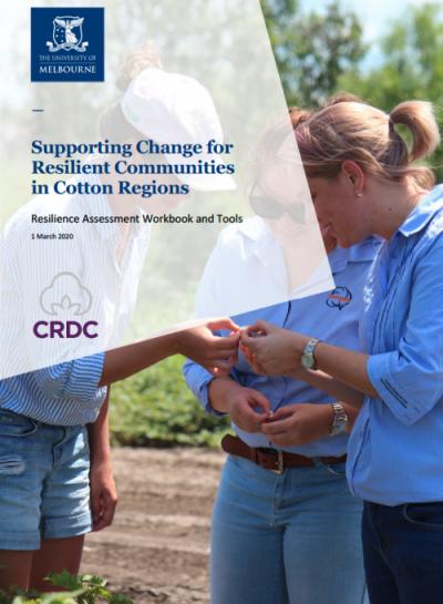Cover of Supporting Change for Resilient Communities in Cotton Regions report. Three people standing in a cotton field inspecting a cotton boll.