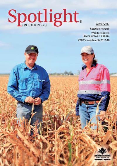 Cover of Spotlight Magazine - Winter 2017. A cotton grower and researcher standing in a field.