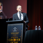 Bayer Cotton Grower of the Year Mitch Brimblecombe at the microphone.